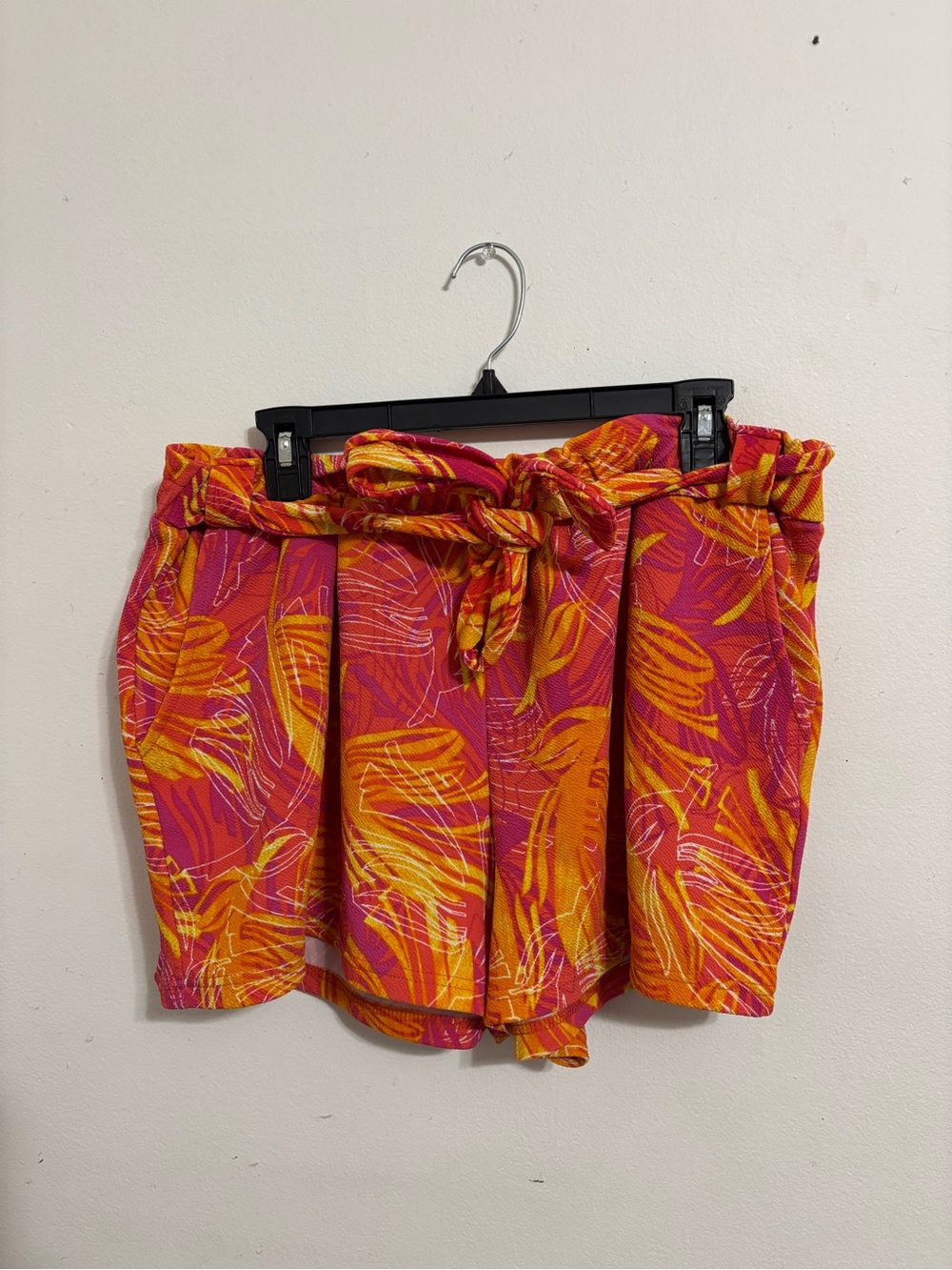 Paperbag Tie-Waist High-Rise Shorts in Pink & Orange Tropical Print